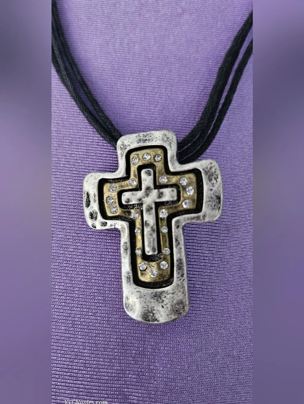 Silver Cross Pendant Necklace with Black Cord NWT